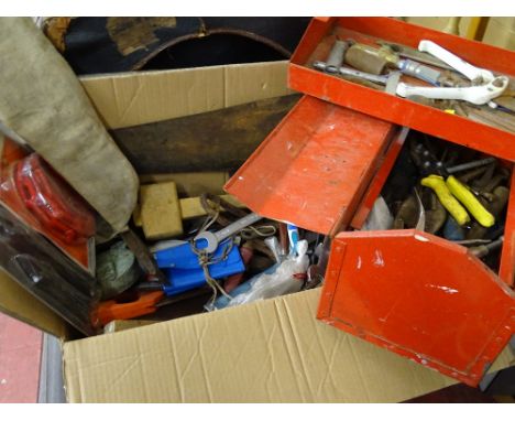 Box of large quantity of garage tools and a red metal cantilever toolbox and contents