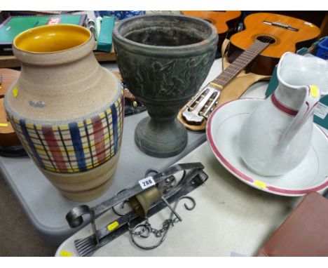 West German stoneware vase, pottery planter in the classical style, vintage wash jug and bowl and a wrought iron and brass be