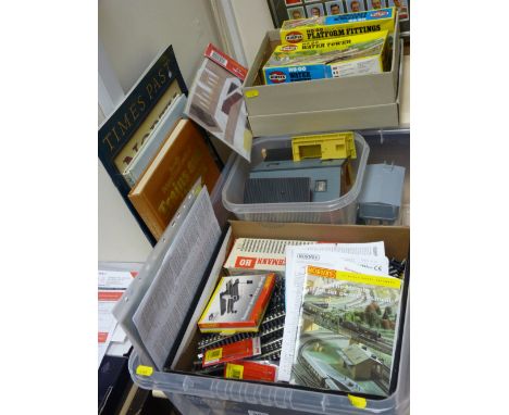 Box of Hornby, Airfix and Fleischmann 00 gauge track and models, some constructed, some in boxes, four Hornby wagons and thre