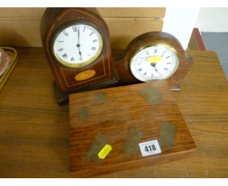 Edwardian inlaid mahogany mantel clock and one other and a modern hardwood and brass boxed card game and dominoes set