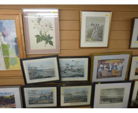 Four framed hunting scene engravings, other engravings, BERYL COOKE print etc (a parcel)
