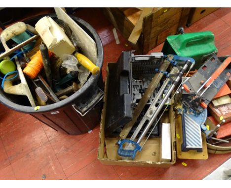 Black bin containing quantity of various garage items, tools etc and a box of similar items and rubber moulding blocks etc