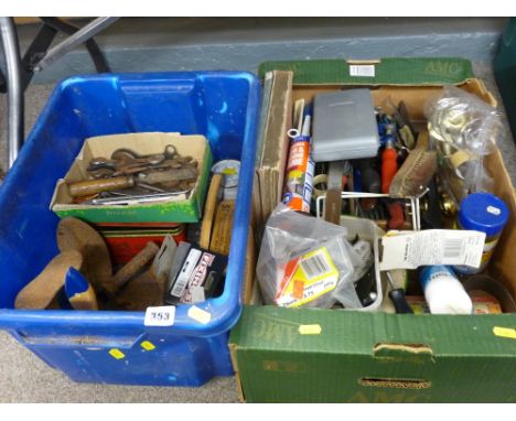 Box and plastic crate of general household goods and hand tools