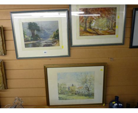 A M GOWLAND watercolours, two - drover and sheep and a riverside scene, 26 x 36 cms and 24 x 35 cms respectively and a signed