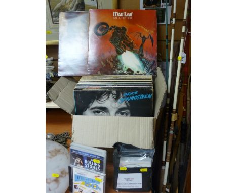 Box of old LP records, two DVDs of The Rolling Stones and The Beatles and Mannfred Mann and other CDs