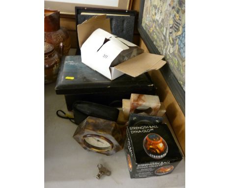 Cased set of cheese knives and board, a vintage lacquerwork box, two small mantel clocks etc