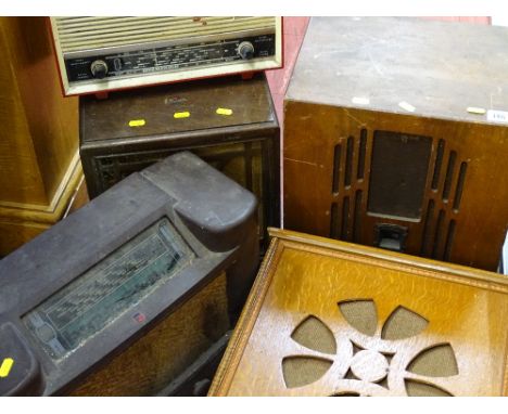 Parcel of three vintage radios by Ekco, Marconi and Phillips and two wooden cased speakers