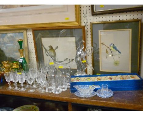 Parcel of gilt decorated and other glassware, green decanter, boxed set of six fruit glasses and a solid glass group of two d