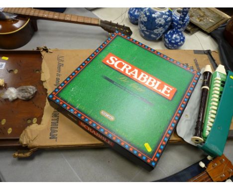 Vintage Corinthian 10 bagatelle board, a Scrabble Deluxe with electronic timer, a Hohner Melodica Soprano and a plastic recor