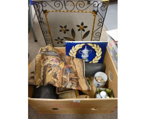 Mixed box of collectables, unframed vintage style tapestry and a wrought iron sparkguard