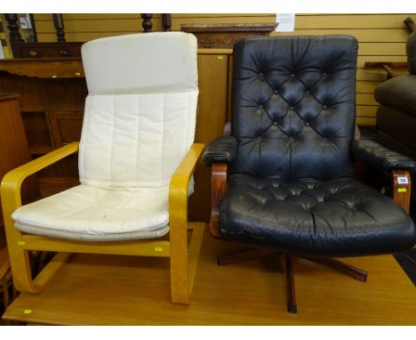 Mid Century style button back upholstery and bentwood swivel lounge chair and another light wood bentwood armchair with canva