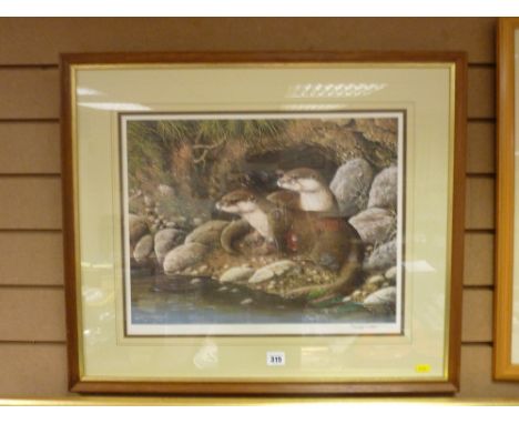 RALPH WATERHOUSE stamped print - otters at the waterside, signed in pencil, 38 x 48 cms