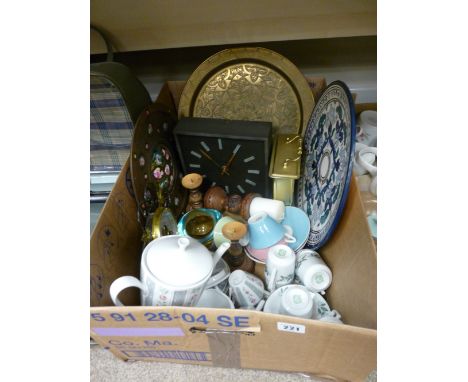 Parcel of mixed porcelain, slate mantel clock, another mantel clock, wall clock etc