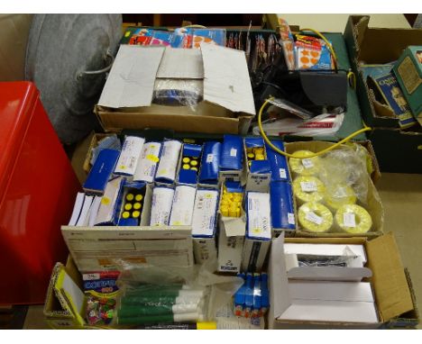 Two boxes containing large quantity of office stationery including marker pens, labels and Scotch re-stickable shapes etc