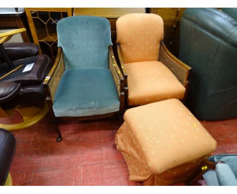 Two vintage Bergere armchairs, both having different colour upholstery, one with matching footstool
