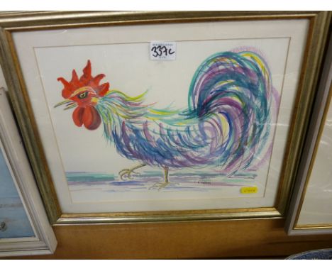 R NATION mixed media - an alert cockerel, 25 x 31 cms