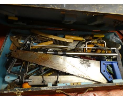 Wooden toolbox containing quantity of hand tools etc