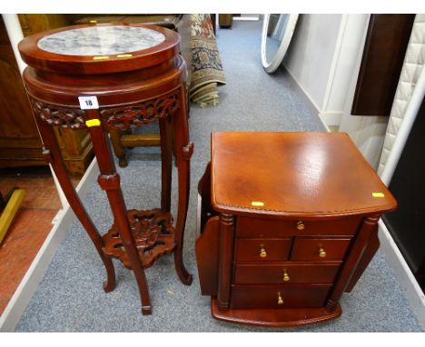 Modern Oriental hardwood jardiniere stand and a mahogany effect magazine cabinet with five drawers