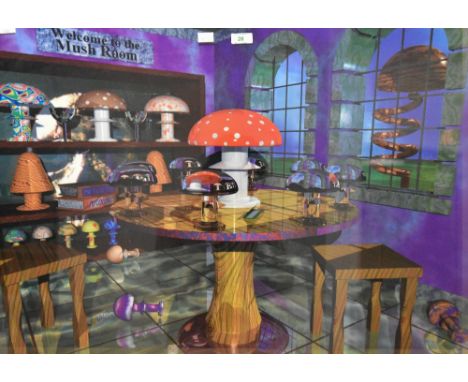 After John Robinson (Contemporary) 'The MushRoom' colour print showing  psychedelic mushroom sculptures, Dated in the bottom 