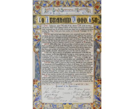 Irwell Bank Spinning Company Ltd 'To Abraham Wood Esq' an illuminated presentation manuscript, produced to show appreciation 