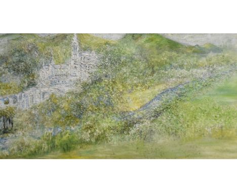 K Meethan (Contemporary) 'Dream of Lourdes' impressionist oil on board showing the famous holy site of Lourdes in France, sig