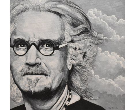 Olly Alcock (British contemporary) acrylic on board 'Billy Connolly' monochrome portrait of the famous Scottish comedian and 