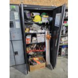 2 DOOR METAL CABINET W/MISC TOOLING FACE SHIELDS ETC.