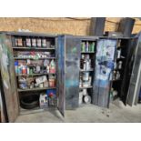 3 - 2 DOOR METAL CABINETS W/ASSORTED OILS, GREASE ETC.