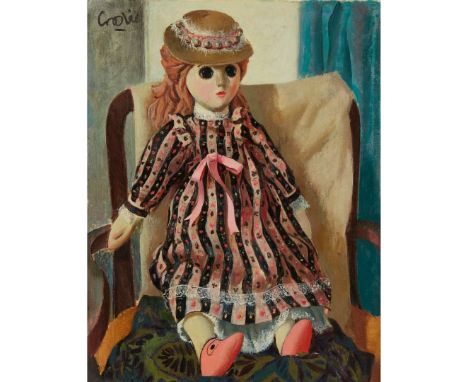  WILLIAM CROSBIE R.S.A. (SCOTTISH 1915-1999) UNTITLED (DOLL IN A STRIPED DRESS) Signed upper left, oil on board 54.5cm x 42.5