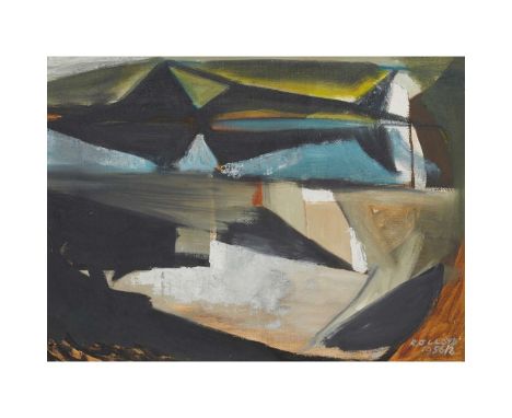 REGINALD JAMES LLOYD R.I. (BRITISH 1926-2020) LAKE SCENE AND HILLS - 1956/8 Signed and dated lower right, oil on board, and 