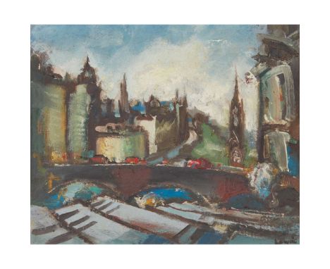  HAMISH LAWRIE (SCOTTISH 1919-1987) VIEW OVER SOUTH BRIDGE ONTO THE MOUND, EDINBURGH Signed lower right, oil on board 36.75cm