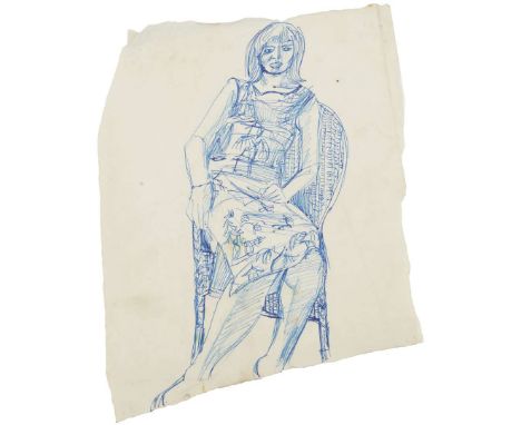  ALASDAIR GRAY (SCOTTISH 1934-2019) GIRL SEATED Biro on paper, and a companion,&nbsp;Girl Drying Hair, biro on blue paper (2)