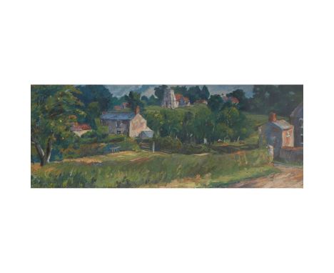  JOSEPHINE HASWELL MILLER A.R.S.A. (SCOTTISH 1890-1975) COTSWOLD VILLAGE Signed lower left, oil on board 39cm x 99cm (15.5in 