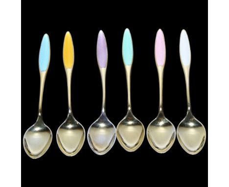 FRIGAST - a set of 6 Danish vermeil sterling silver and harlequin enamel coffee spoons, 9.5cmNo damage or repair, no enamel l