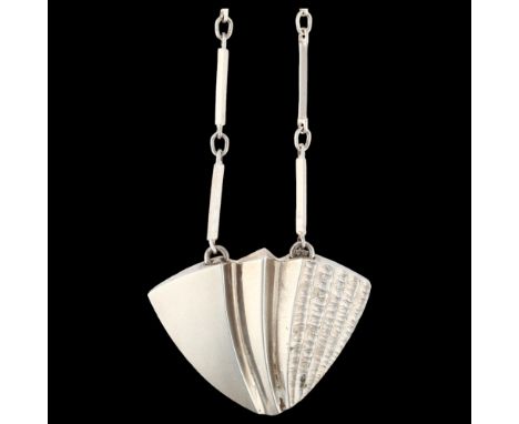 MATTI HYVARINEN - a Finnish modernist sterling silver fold panel necklace, with integral sterling bar link chain, pendant 28m
