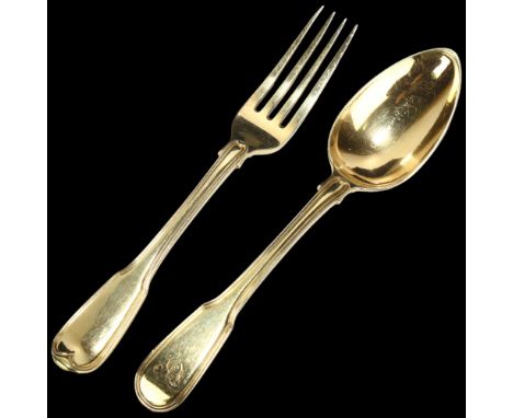 A George III silver-gilt Fiddle & Thread pattern fork and spoon, William Eley I & William Fearn, London 1804, 15.5cm, 2.3oz t