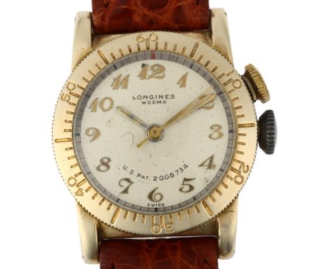 LONGINES - an American 10k gold filled Weems Pilot's mechanical wristwatch, circa 1930s, silvered dial with applied gilt Arab