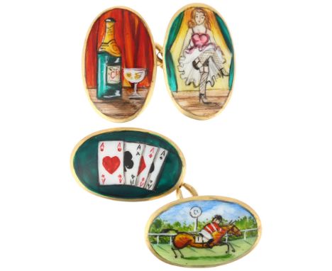 A pair of early 20th century 18ct gold and enamel novelty 'Four Vices' cufflinks, by Saunders & Shepherd, London 1925, each d