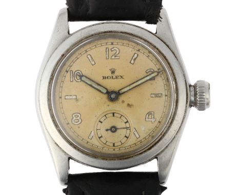 ROLEX - a Vintage stainless steel mechanical wristwatch, circa 1940s, silvered dial with eighthly Arabic numerals, blued stee