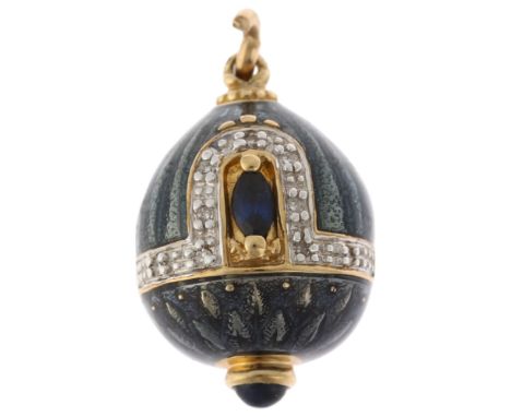 A novelty miniature sapphire diamond and enamel egg pendant, unmarked settings test as 9ct gold, 18.2mm, 4.7gNo damage or rep