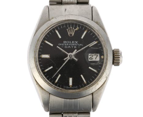 ROLEX - a lady's stainless steel Oyster Perpetual Date automatic calendar bracelet watch, ref. 6916, circa 1974, grey dial wi