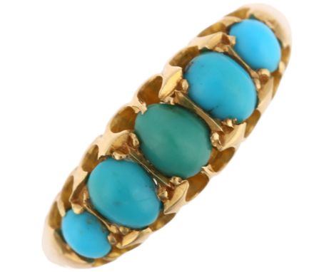 An early 20th century 18ct gold graduated five stone turquoise half hoop ring, maker TLM, Birmingham 1907, set with oval cabo