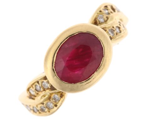 A French 18ct gold ruby and diamond dress ring, rub-over set with oval mixed-cut ruby and modern round brilliant-cut diamonds