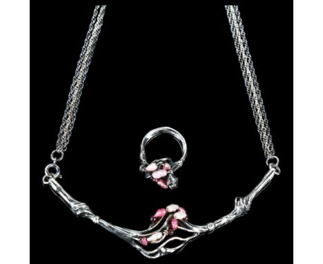 A modern freshwater pearl collar necklace and ring set, apparently unmarked, necklace 42cm, ring size J, 19.1g total (2)No da