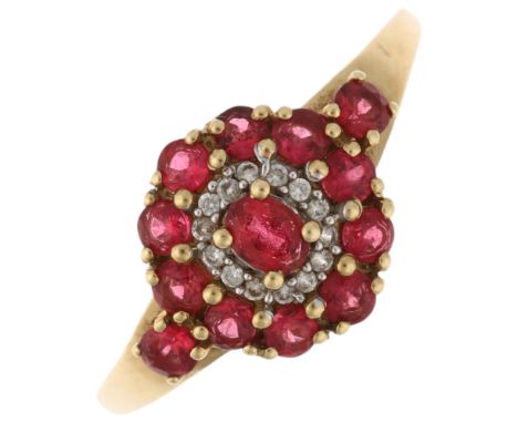 A modern 9ct gold Nigerian rubellite tourmaline and diamond oval cluster ring, setting height 11.5mm, size S, 2.7gNo damage o