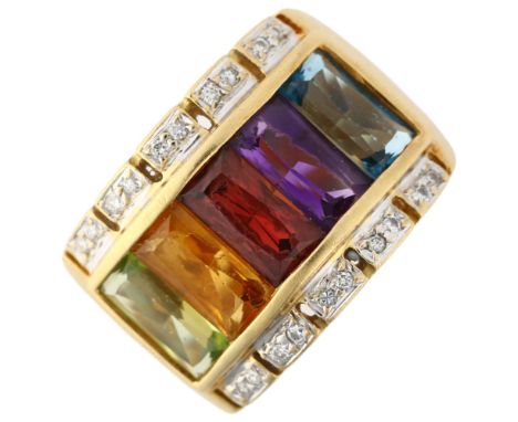 A modern 18ct gold gem set band ring, gemstones include topaz amethyst garnet citrine peridot and diamond, setting height 13.