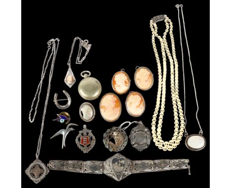 Various jewellery, including silver cameo brooches, silver medal fobs, niello bracelet, etcLot sold as seen unless specific i