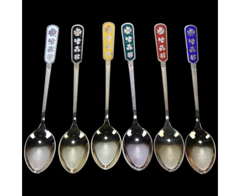 EGON LAURIDSEN - a set of 6 Danish vermeil sterling silver and harlequin enamel shamrock coffee spoons, 10cmNo damage or repa