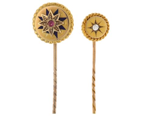 2 Victorian 9ct gold gem set stickpins, largest head 14.5mm, overall 70.1mm, 3.7g total (2)1 small chip to blue enamel otherw