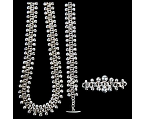 HERMANN SIERSBOL - a Danish sterling silver ball link demi-parure, comprising collar necklace 40cm, bracelet 20cm, and brooch